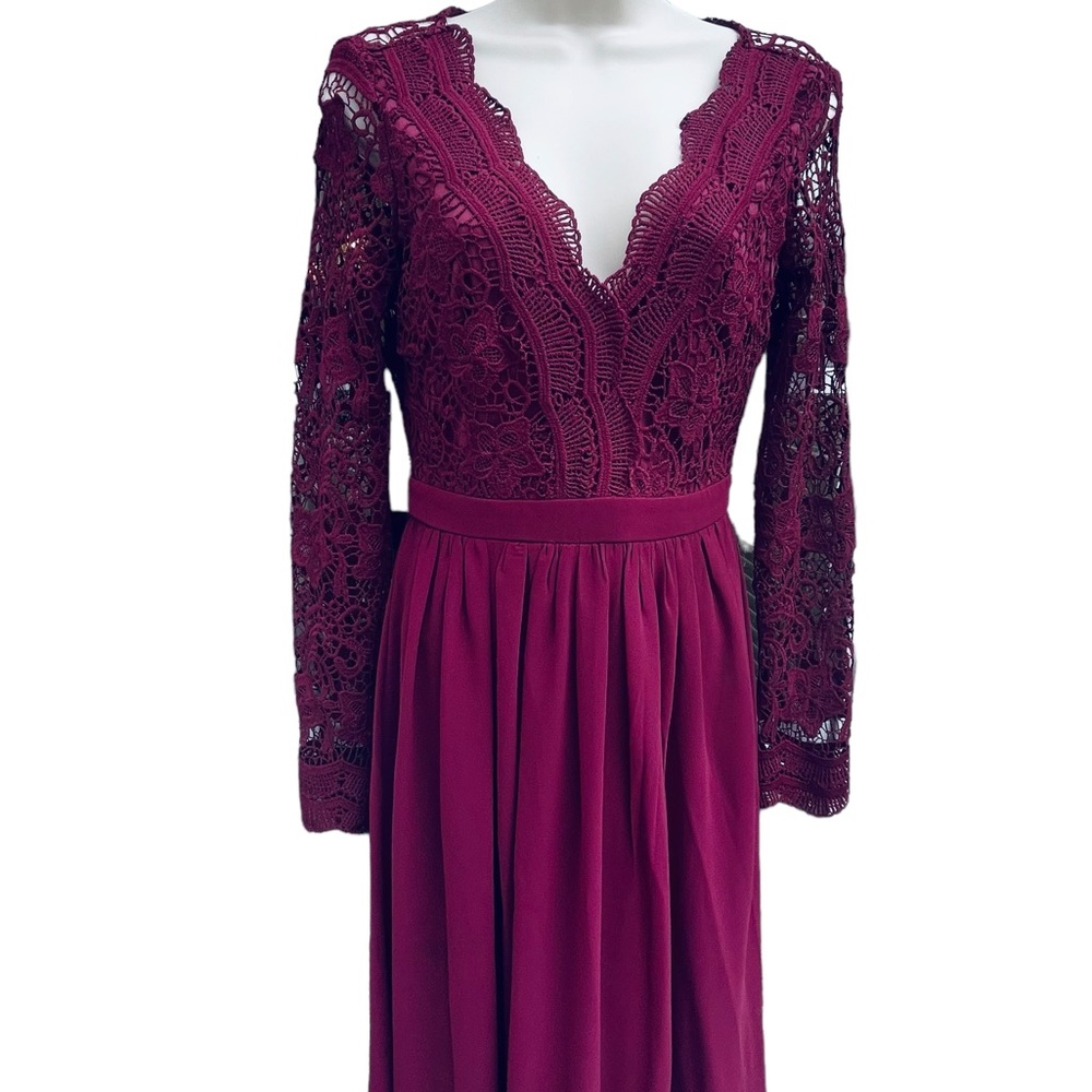 Lulus Burgundy Awaken My Love Long Sleeve Lace Maxi Dress Open Back Style (8737) - Picture 3 of 15